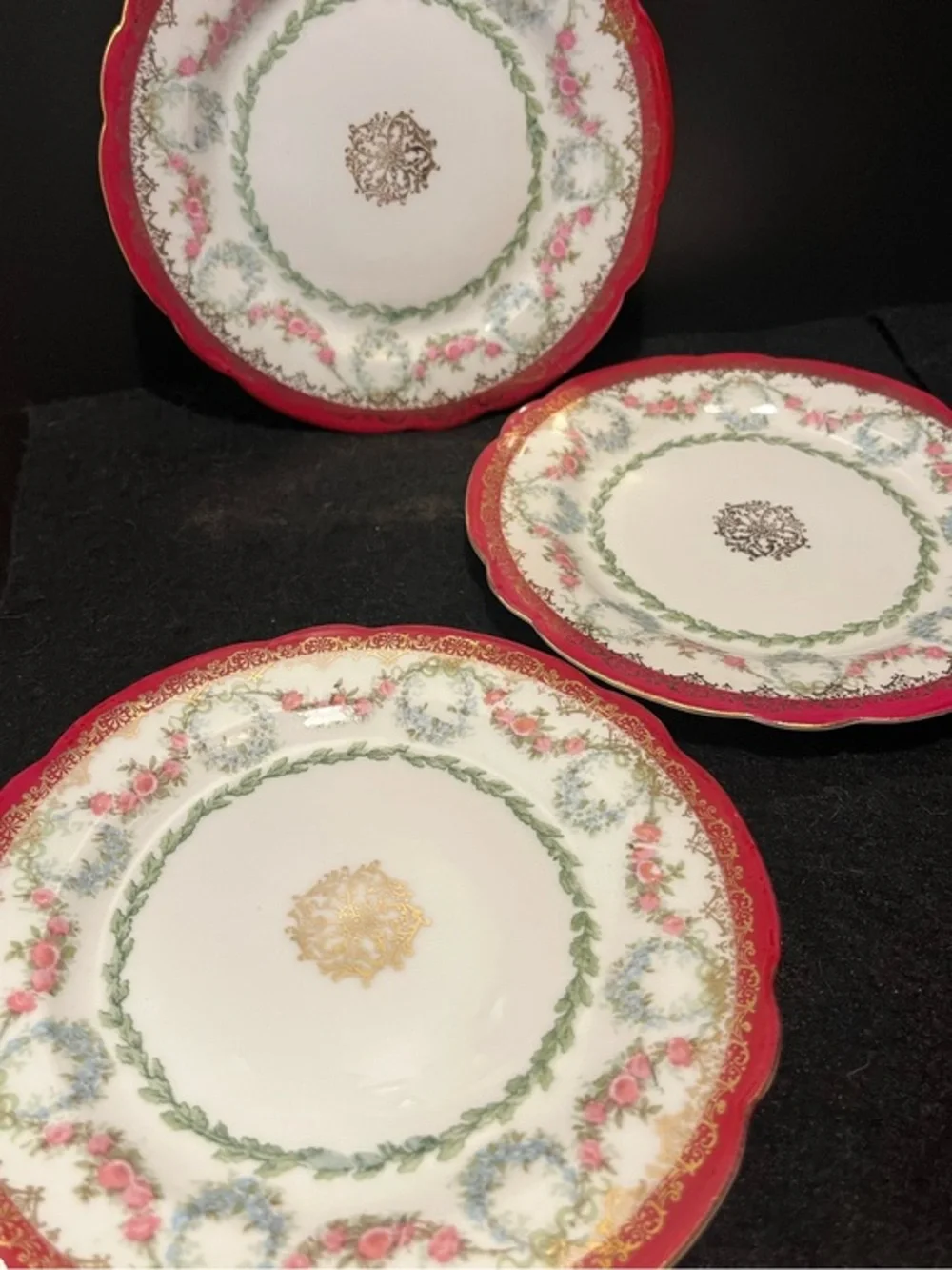 VTG Imperial Crown Dainty Floral Wine Trim 6” Plates Made in Austria Set of 3